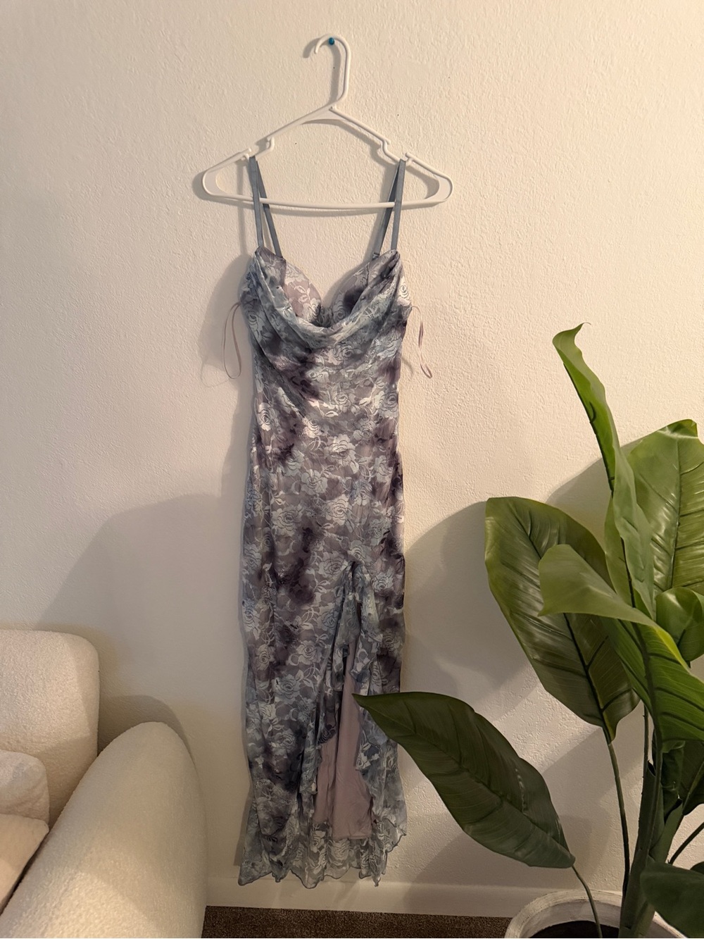 Fashion Nova Blue Gray Floral Cowl Neck Midi Dress